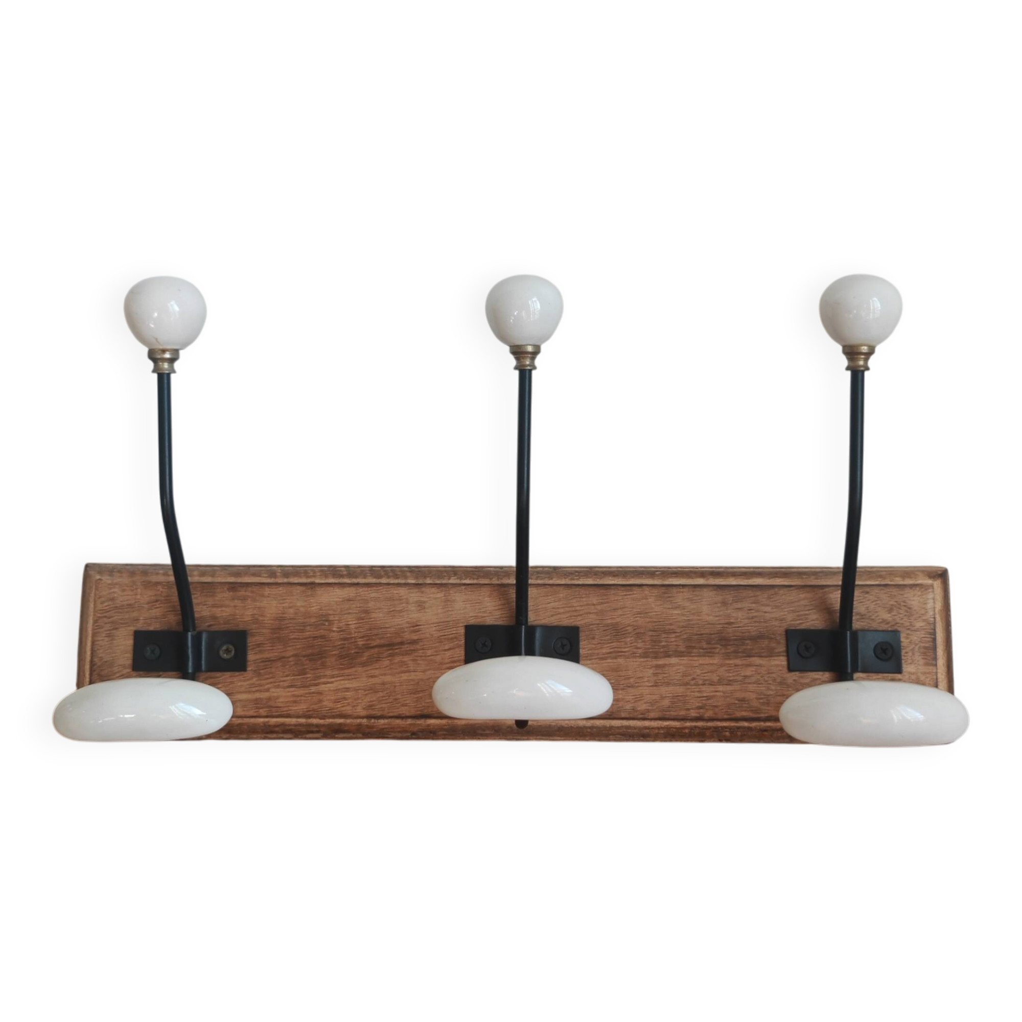 Vintage wooden and white ceramic coat rack – 3 hooks