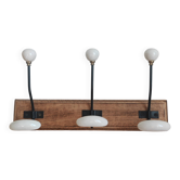 Vintage wooden and white ceramic coat rack – 3 hooks