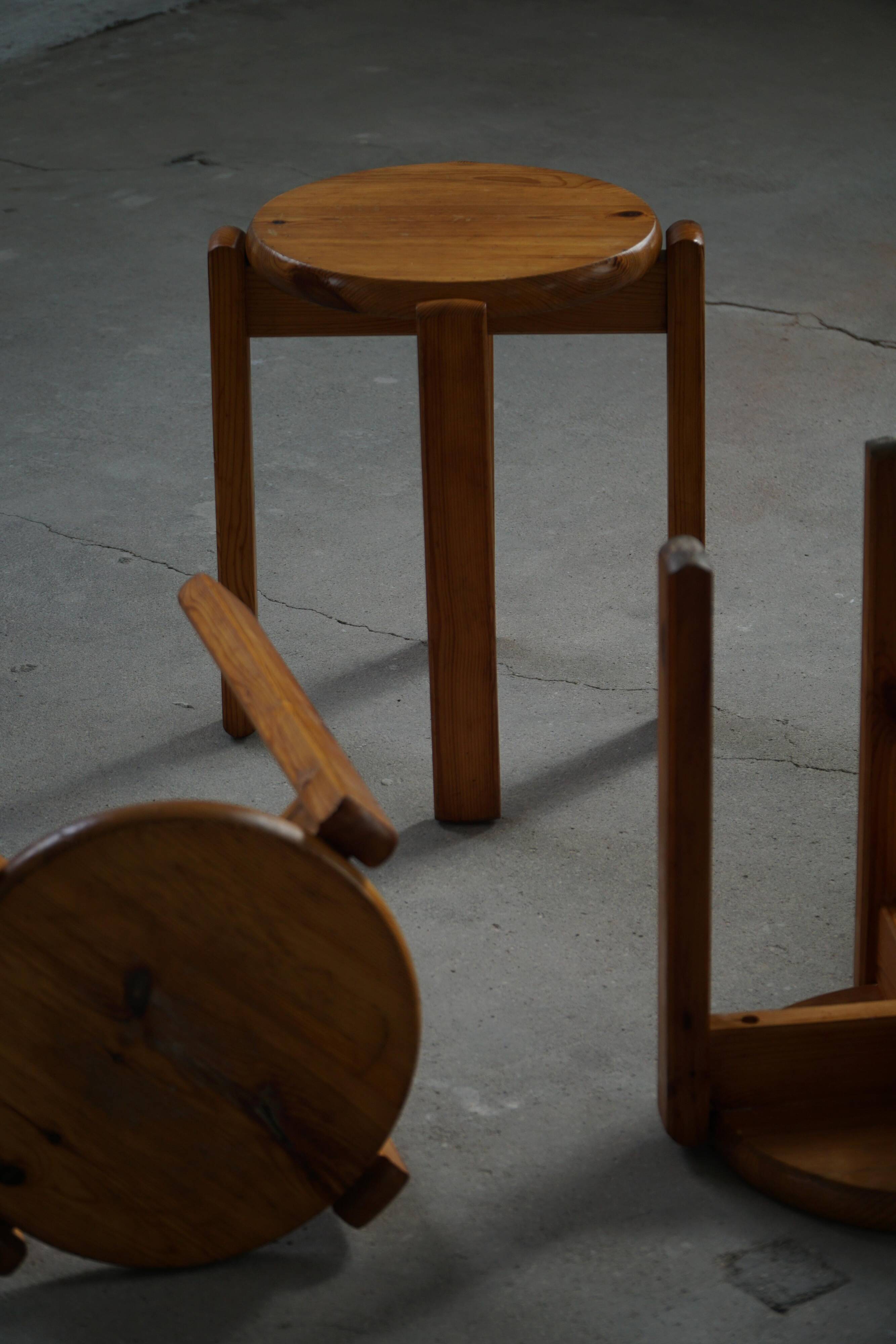Mid-20th century, set of 4 vintage stackable pine stools, Danish design.