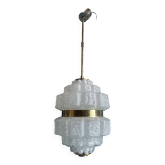 Suspension/lustre en verre moulé et laiton - années 70