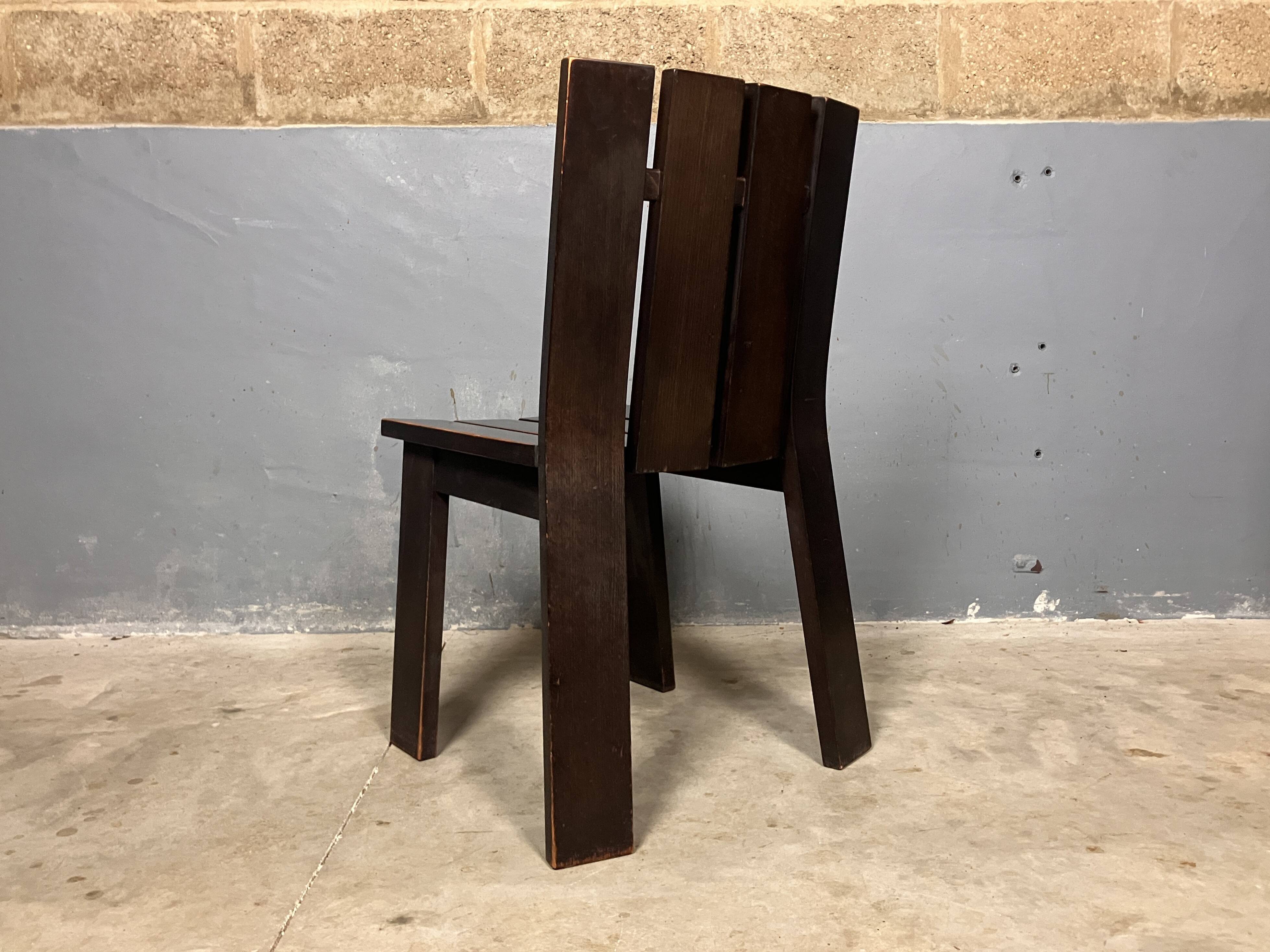 Chaises de salle à manger brutalistes et modernistes des années 70 en bois marron architectural