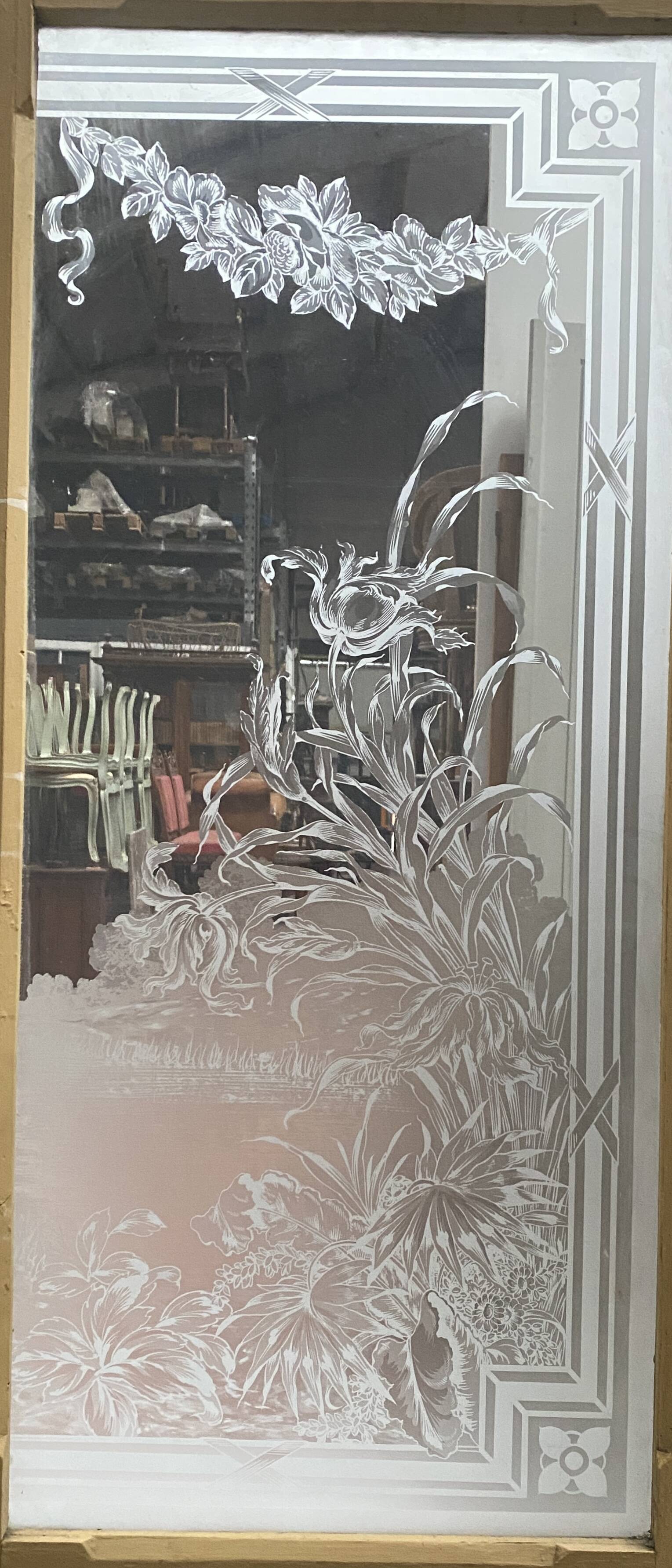 Set of three Art Nouveau 20th-century wooden and etched glass partition doors