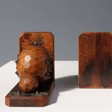 Pair of Art Deco faceted ball bookends in oak with metal decorations