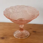 Vintage pink glass footed bowl – Star-decorated compote with draping – Ø 24 cm