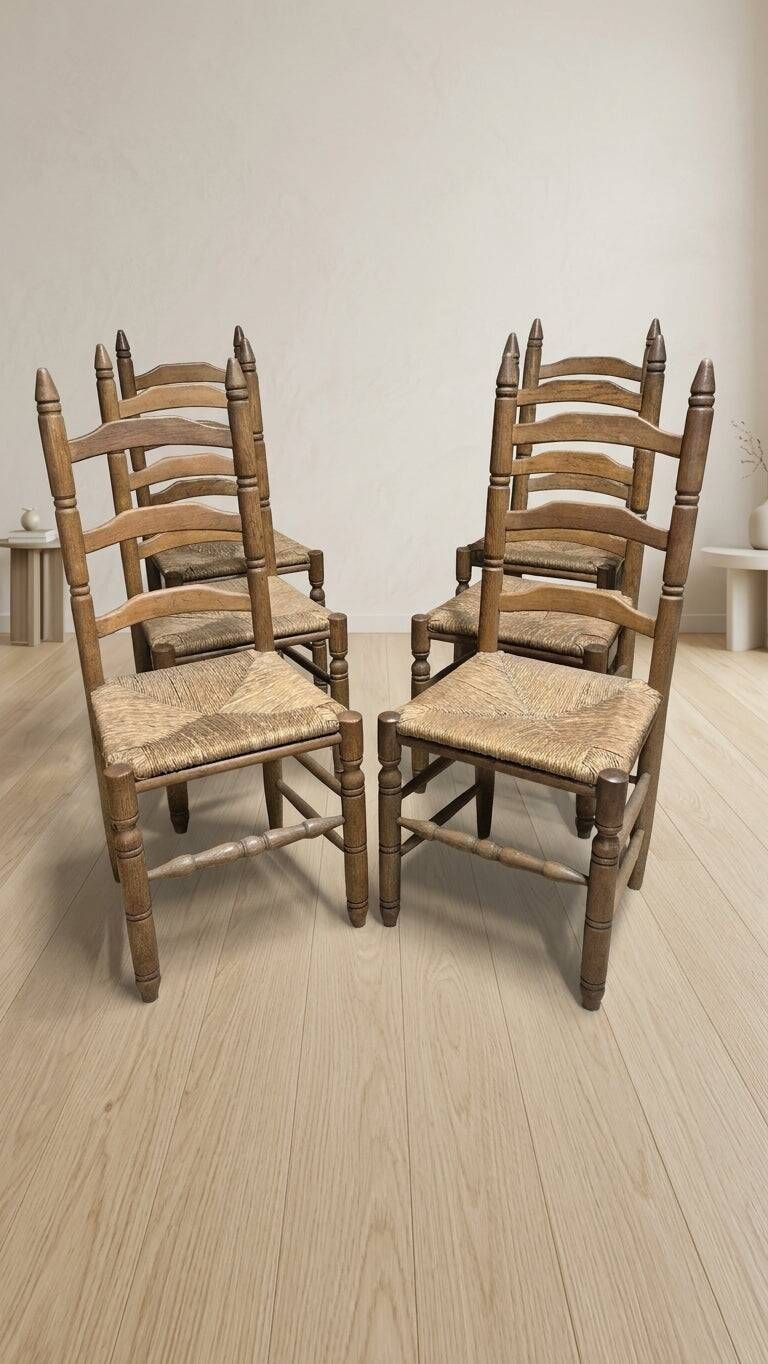 Set of 6 vintage wooden ladder-back dining chairs with woven seats