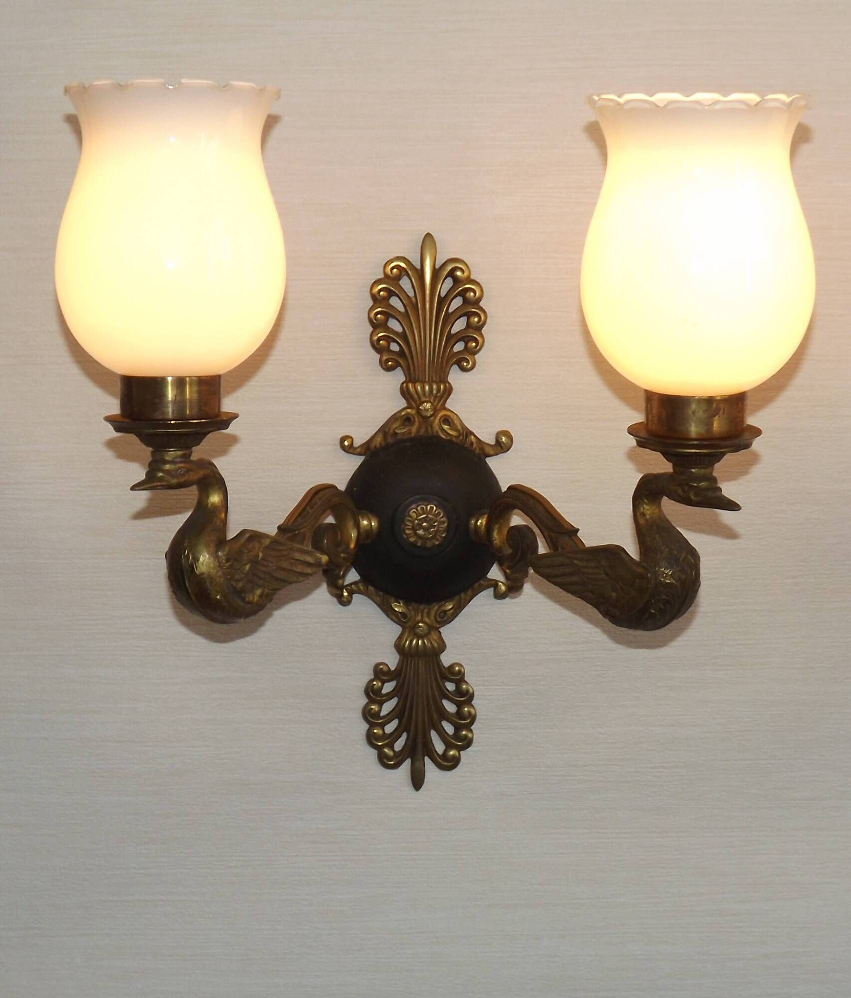 Pair Of Lucien Gau Style Double Swan Wall Lights With Opaque Glass Shades