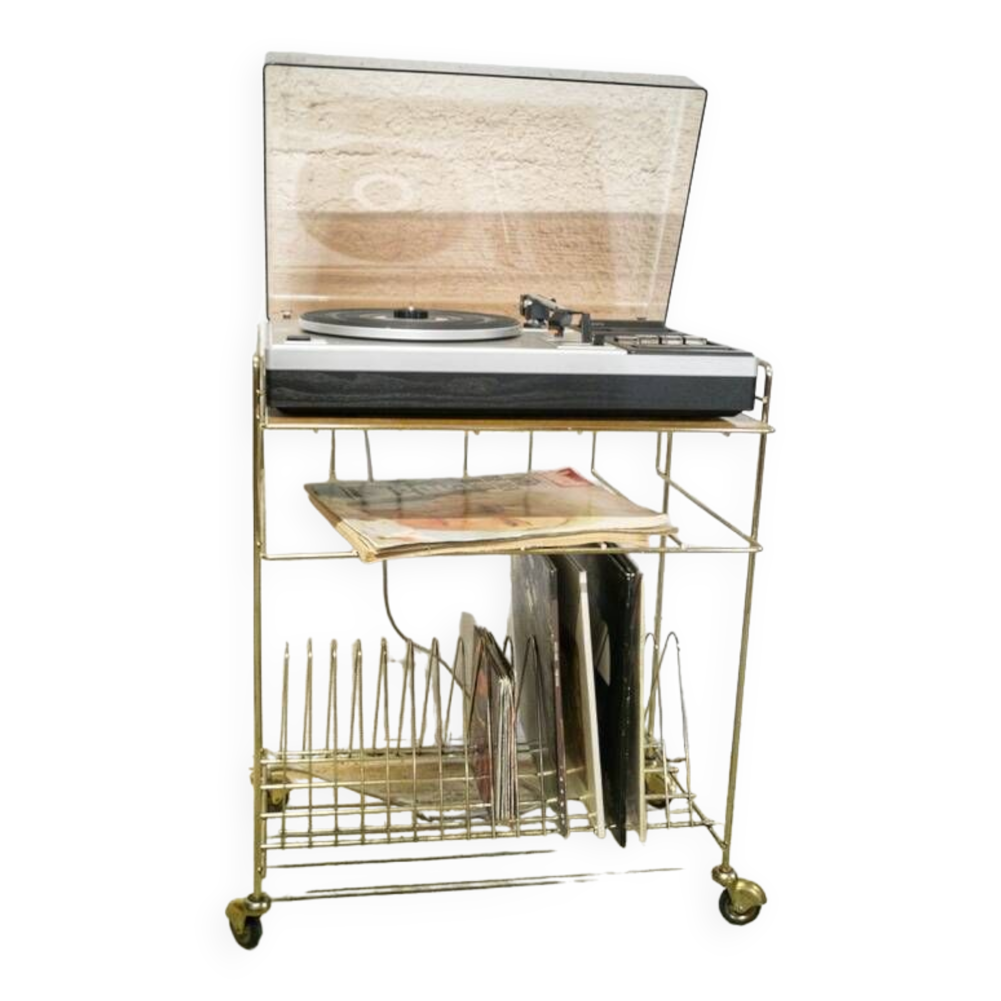 Desserte range-vinyles en métal doré