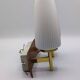 Duo of vintage wooden wall lights with white opaque glass lampshade.