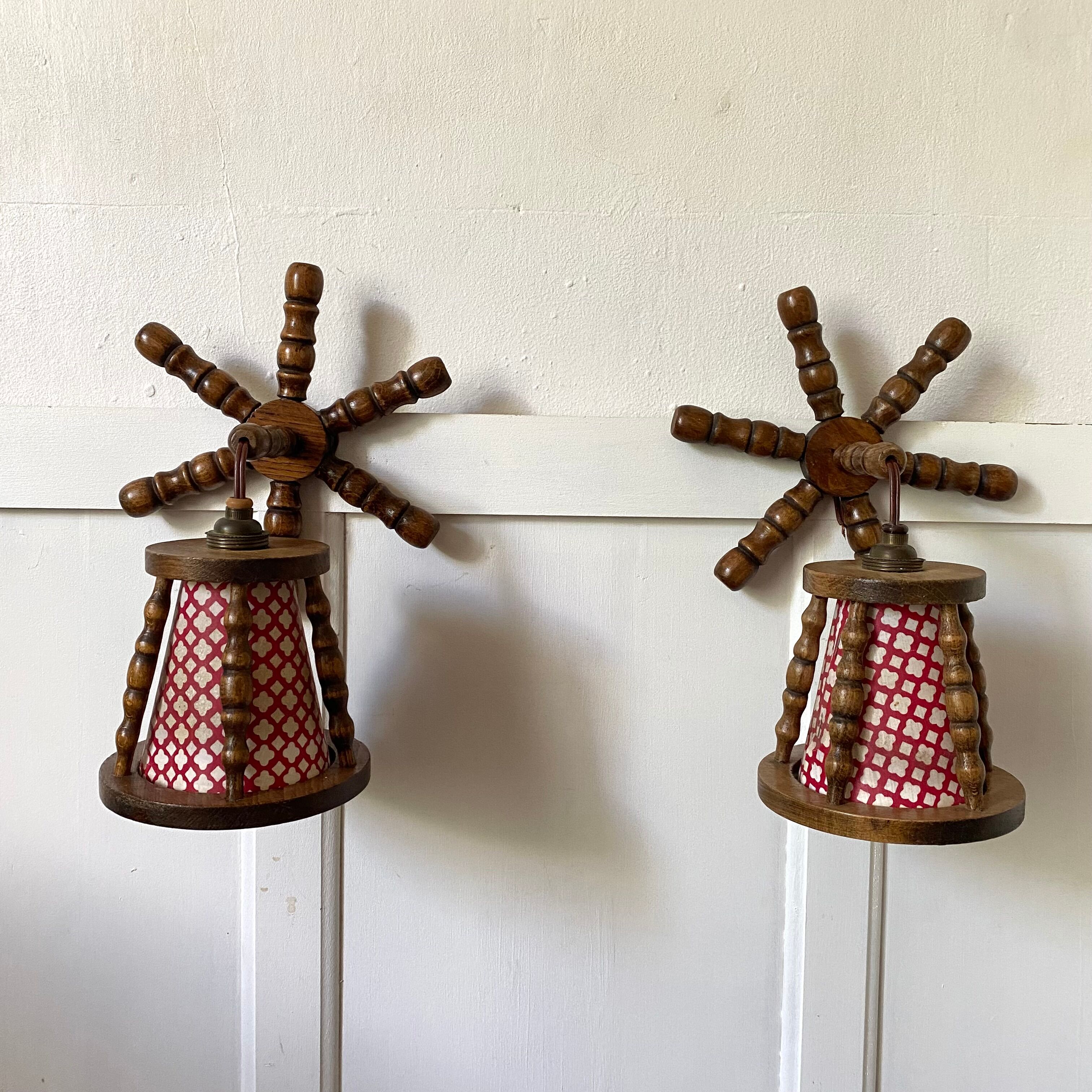 Pair of turned wood wall lights, 1960s