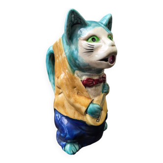 Zoomorphic pitcher - cat with a mandolin - barbotine