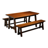 Table à manger et bancs en acajou, travail de montagne, France vers 1960