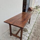 Table de Ferme bourguignonne à entretoise en noyer massif 19éme deux tiroirs-1m82