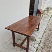 Table de Ferme bourguignonne à entretoise en noyer massif 19éme deux tiroirs-1m82
