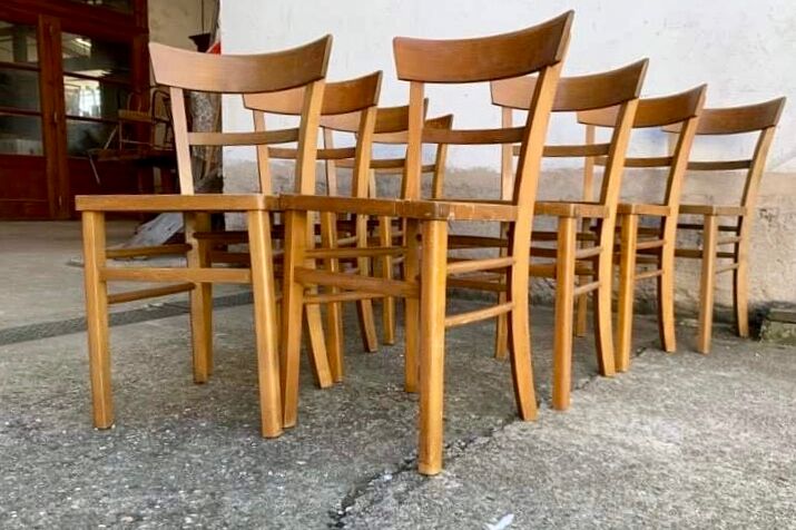 Set of 8 old light wood bistro chairs years 1957 stamps