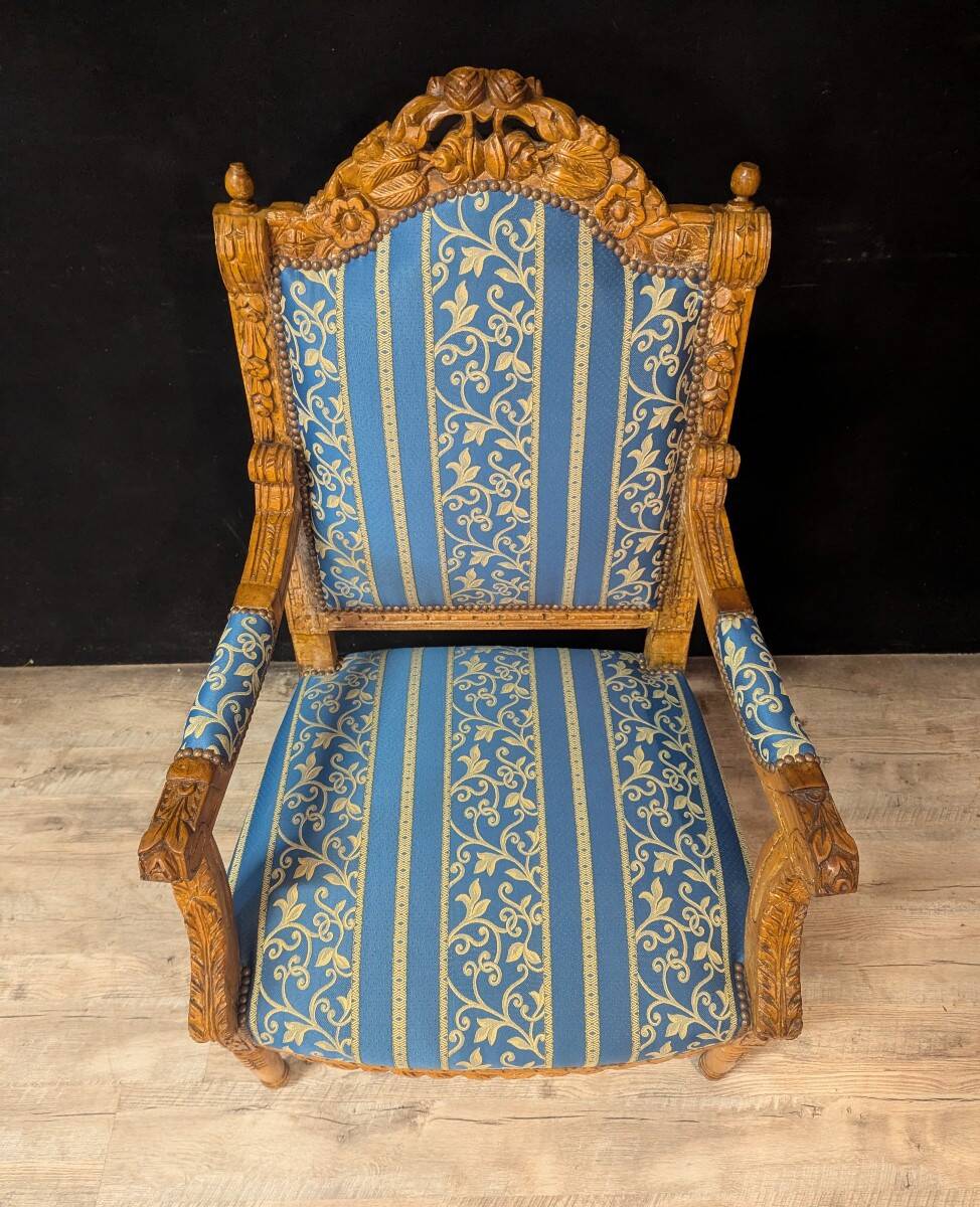 Pair of Louis XV Style Armchairs in Carved Wood and Blue Fabric
