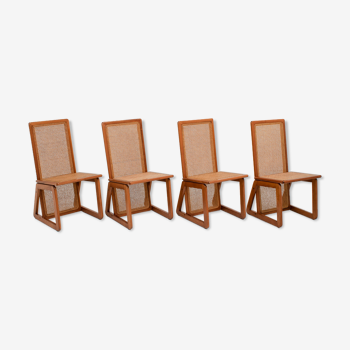 4 chaises de salle à manger italiennes en bois et canne, années 1970