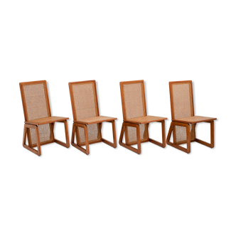 Set of 4 italian dining chairs in wood & cane, 1970s