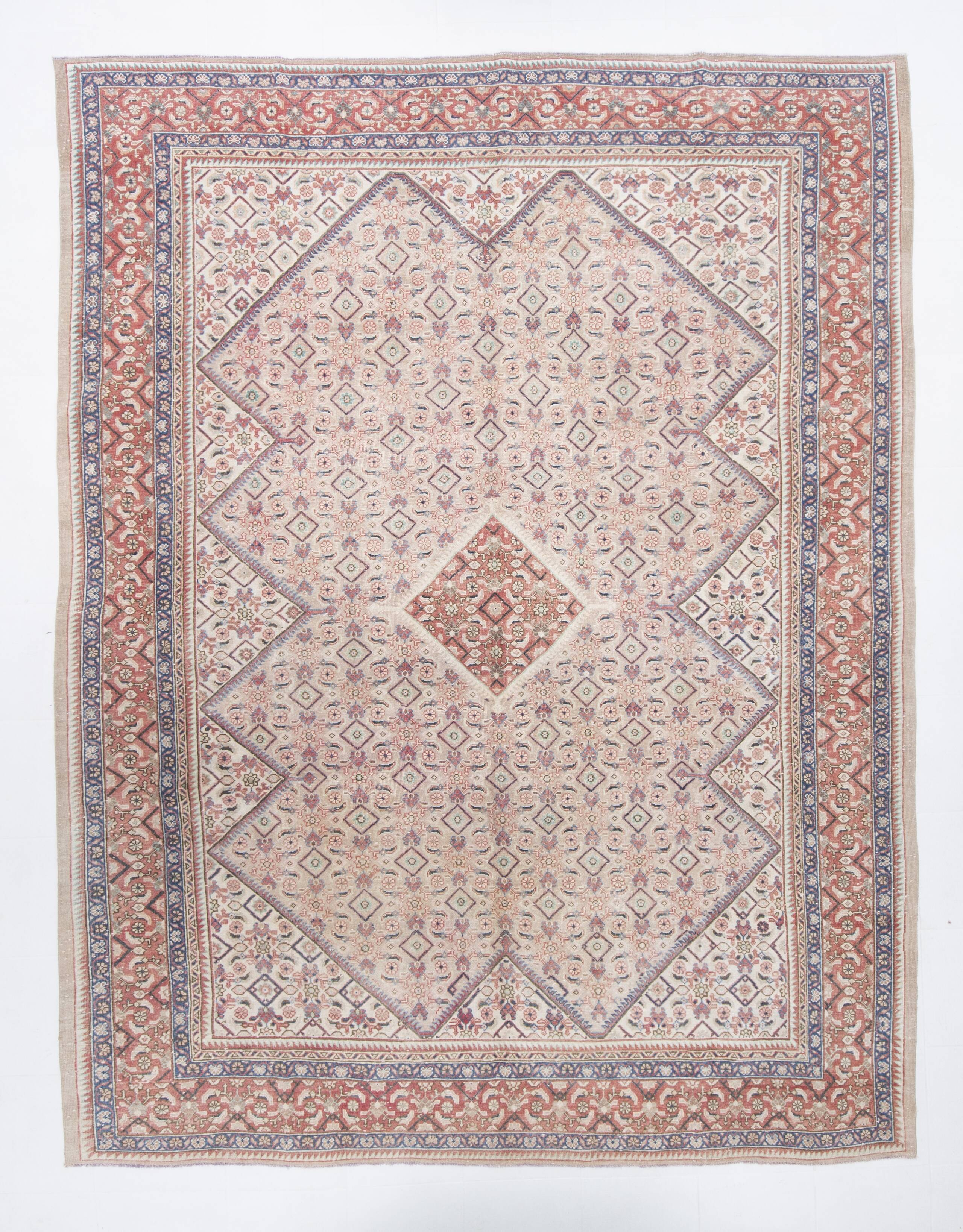 Tapis persan vintage, motif floral saumon-rouge, laine nouée à la main, 297 x 385 cm