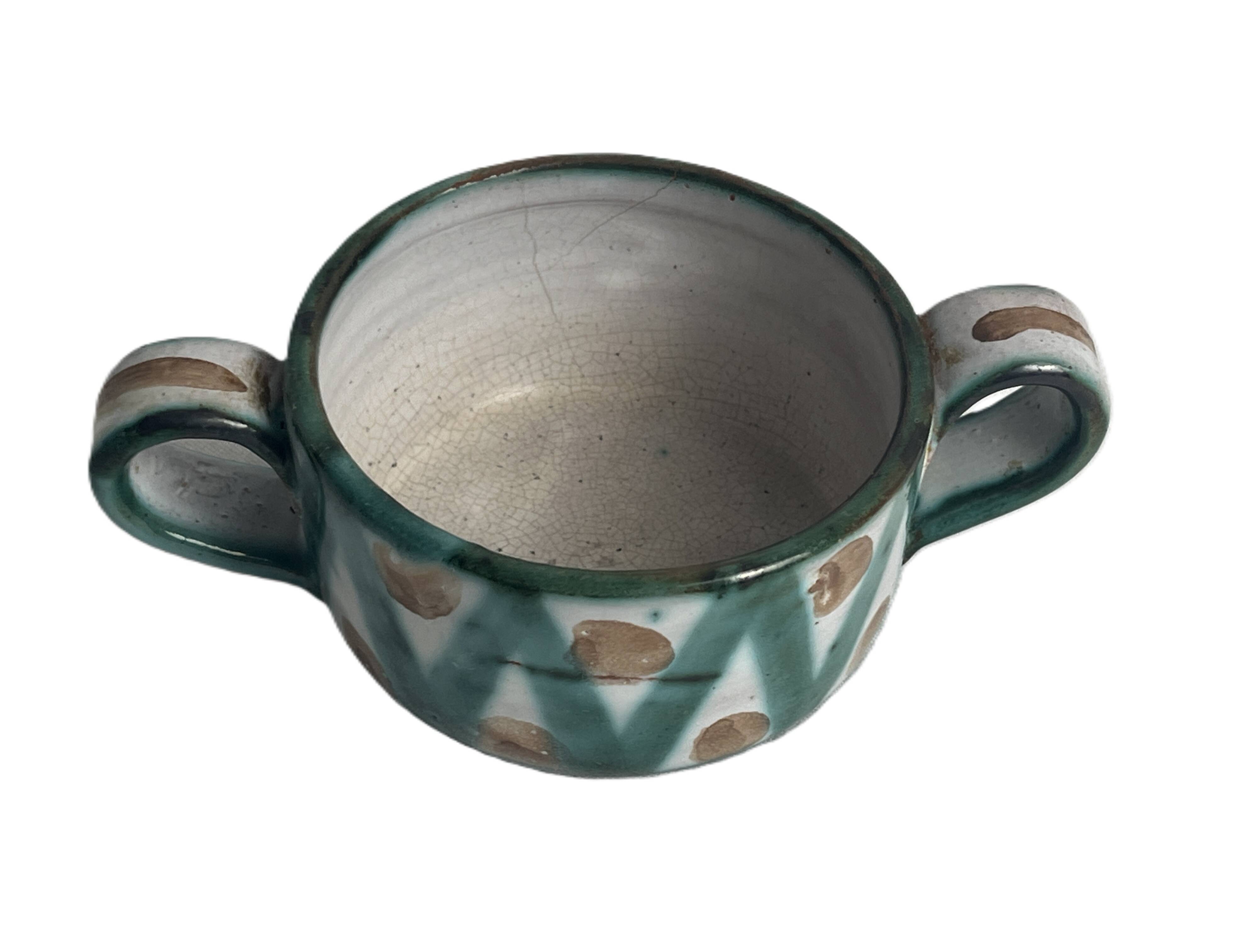 Robert Picault, bowl with two handles, polychrome earthenware, 20th century.