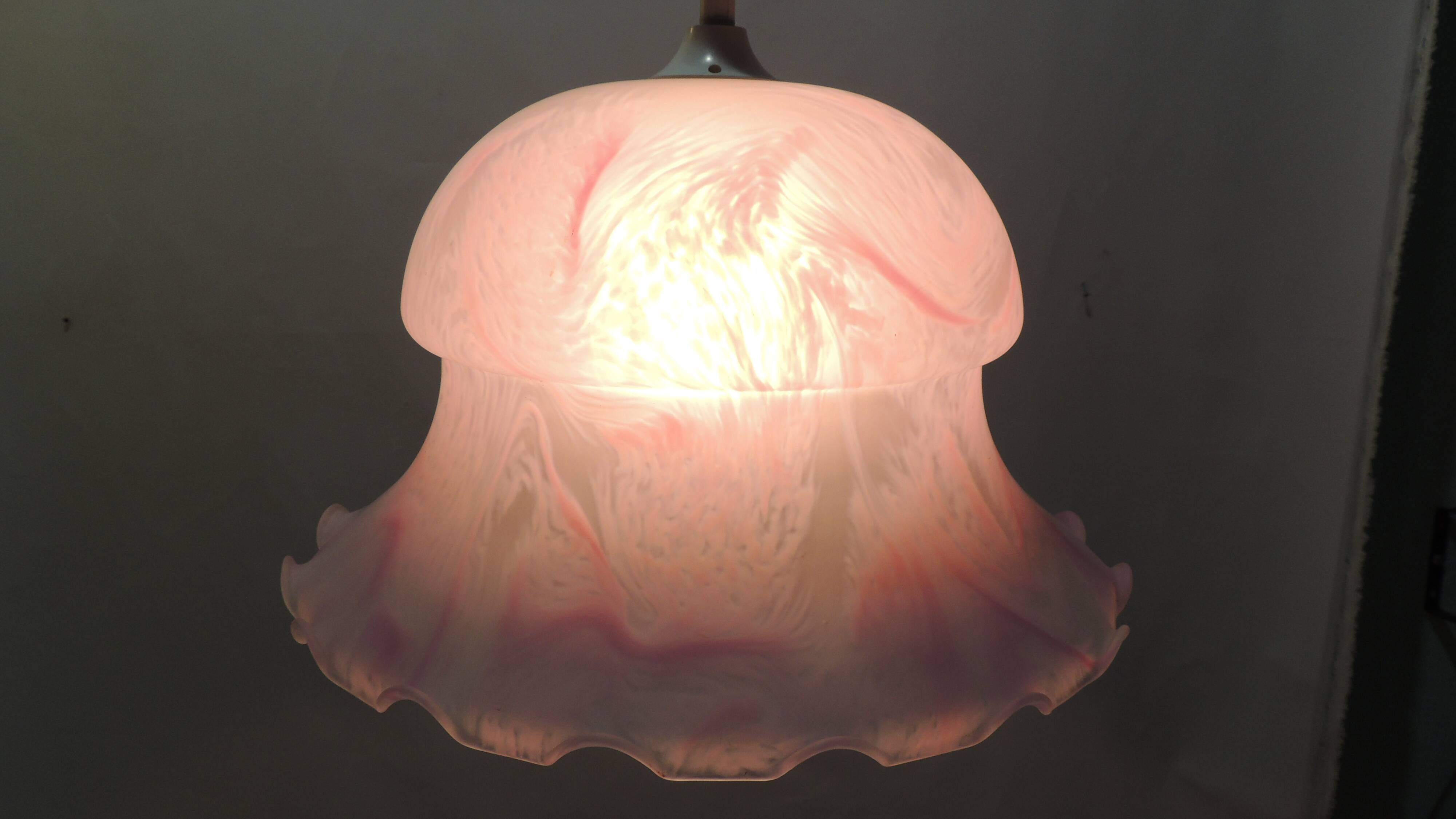 White and pink frosted glass pendant light/Vintage/1970s