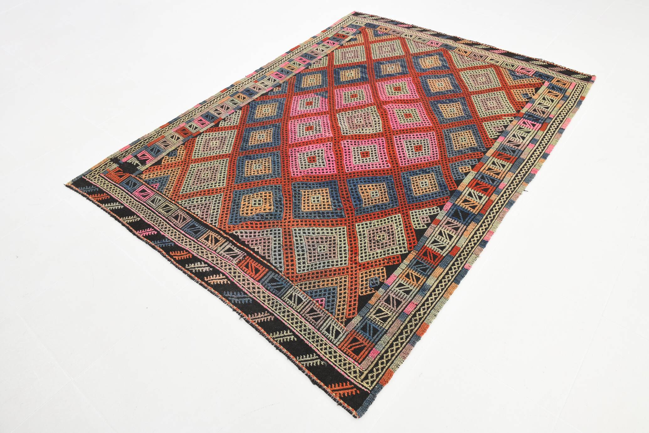 1955s Turkish Antique Pink & Blue Vintage Kilim Rug, 167x226Cm