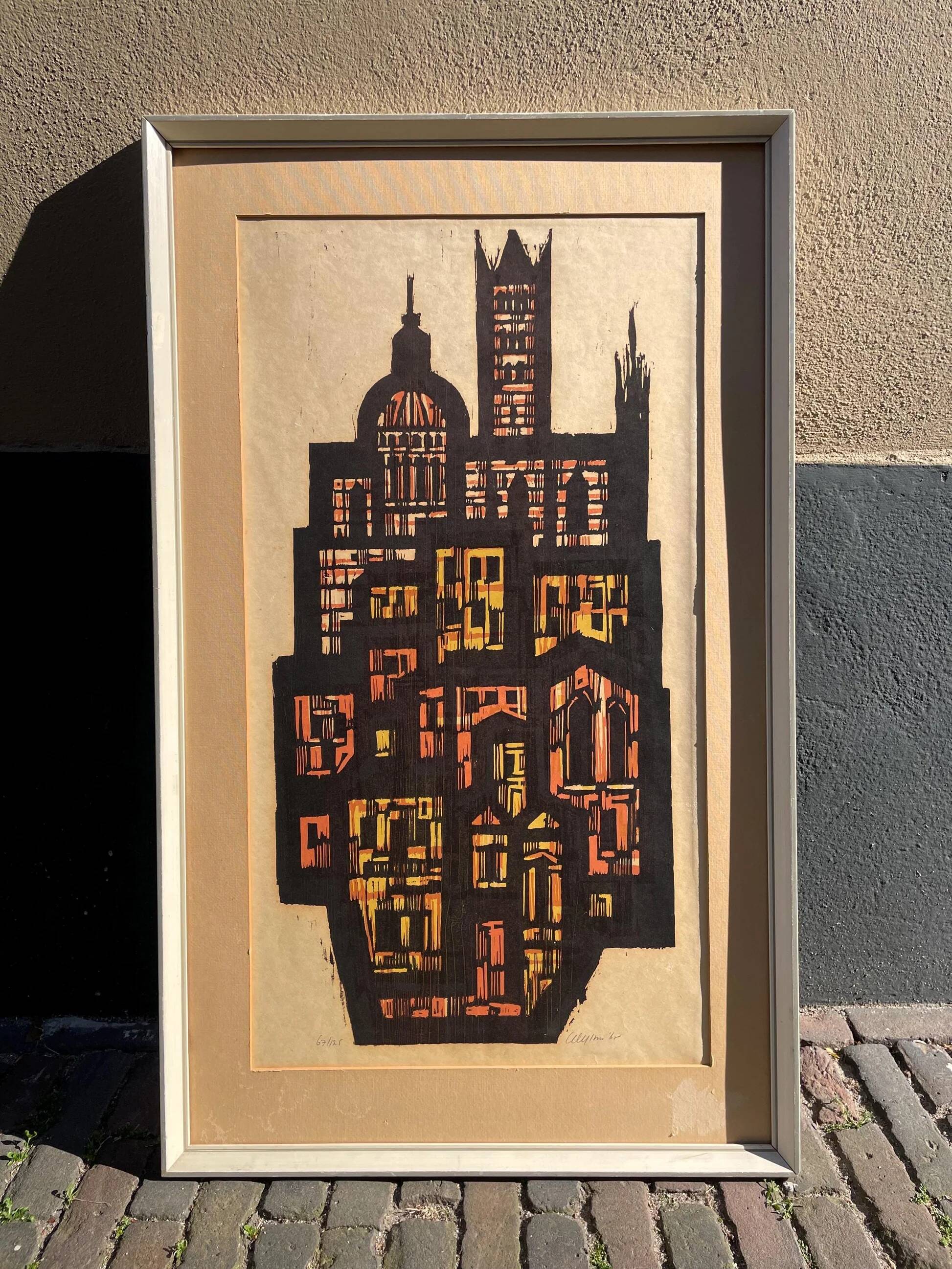 Lithographie de paysage urbain signée au crayon par Akke Sins, vintage des années 1960.