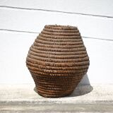 Old basket, burgundy straw and bramble, woven basket, interior decoration