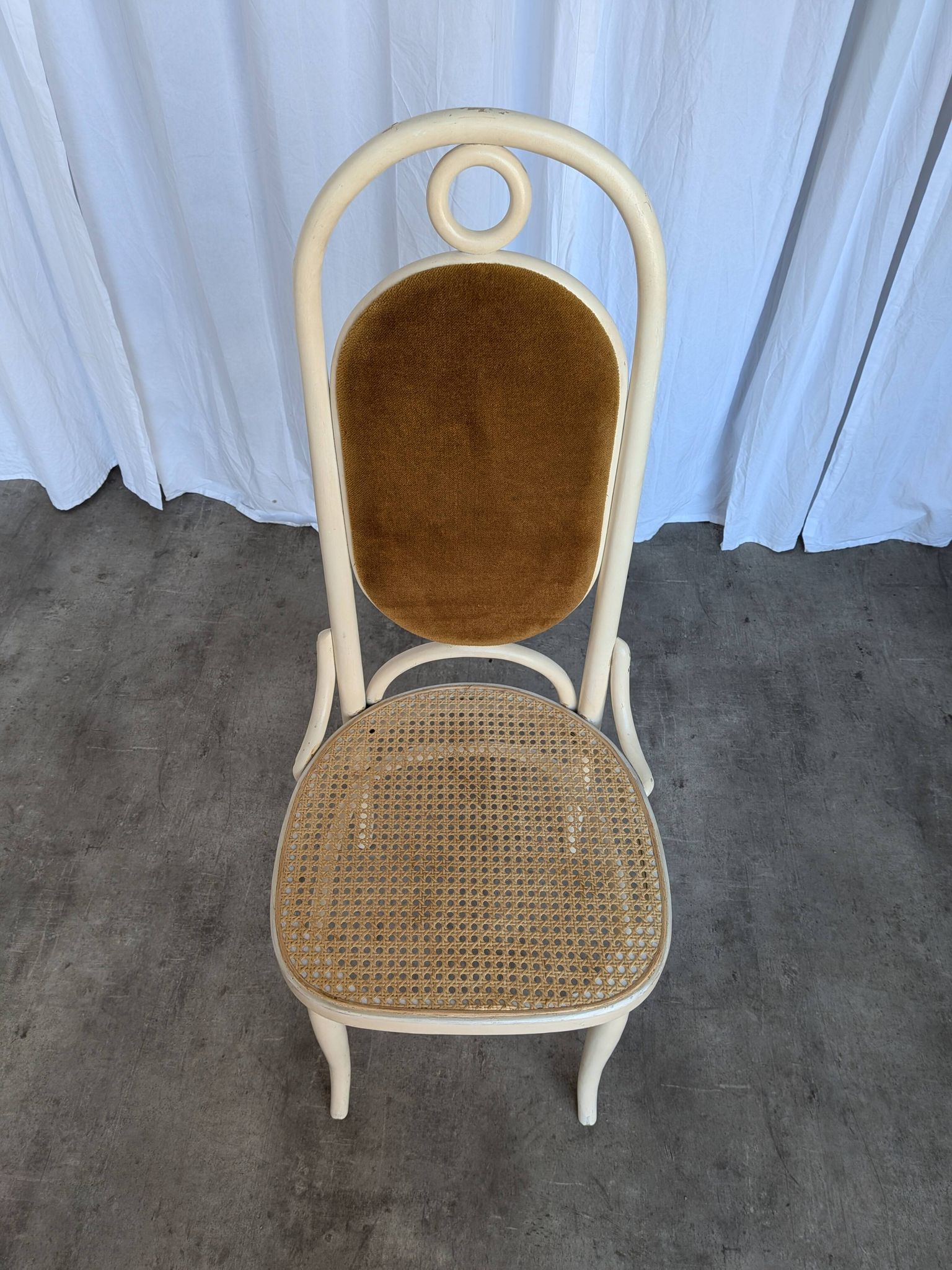 Vintage Thonet Bentwood Dining Chair: Cane Seat, Yellow Fabric Back