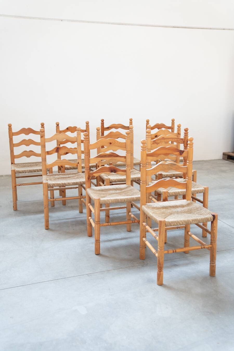 Rustic Friulian chairs with turned legs, set of 12, 1980-1990