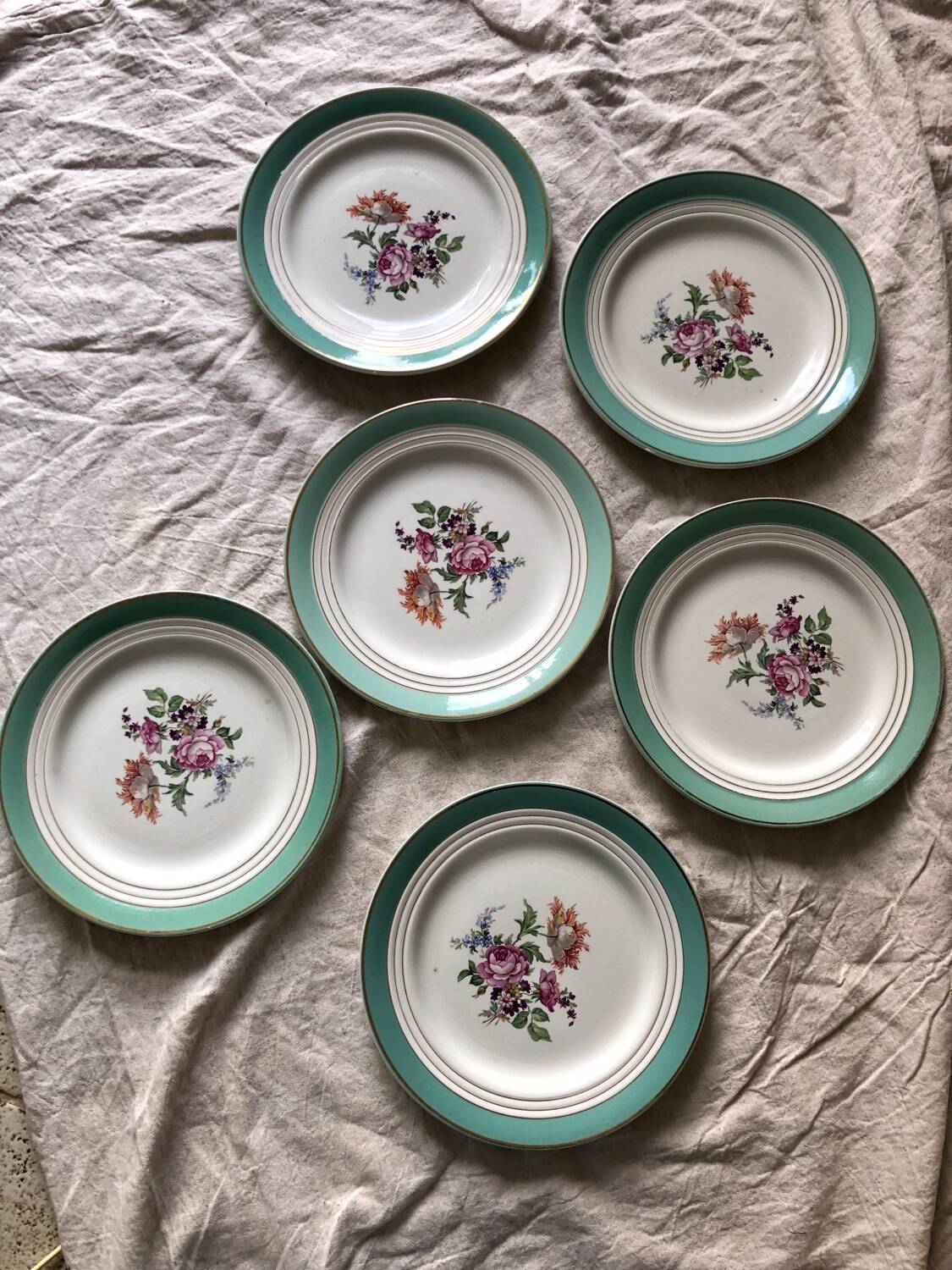 6 assiettes plates Ceranord Saint Amand Beaugency fleurs bords dorés et vert menthe