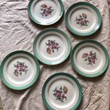 6 assiettes plates Ceranord Saint Amand Beaugency fleurs bords dorés et vert menthe