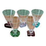 Set of 5 designer wine glasses, colored feet