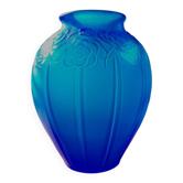 Vases art déco en persglas bleu givré avec décor floral et lignes épurées