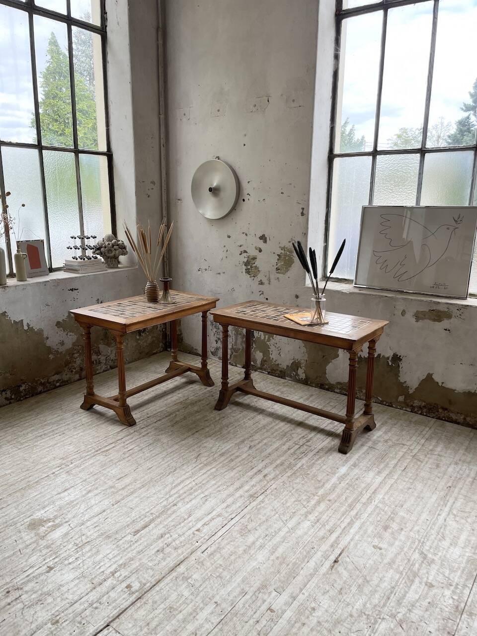 Set of two bistro tables in walnut and tiling from 1890.