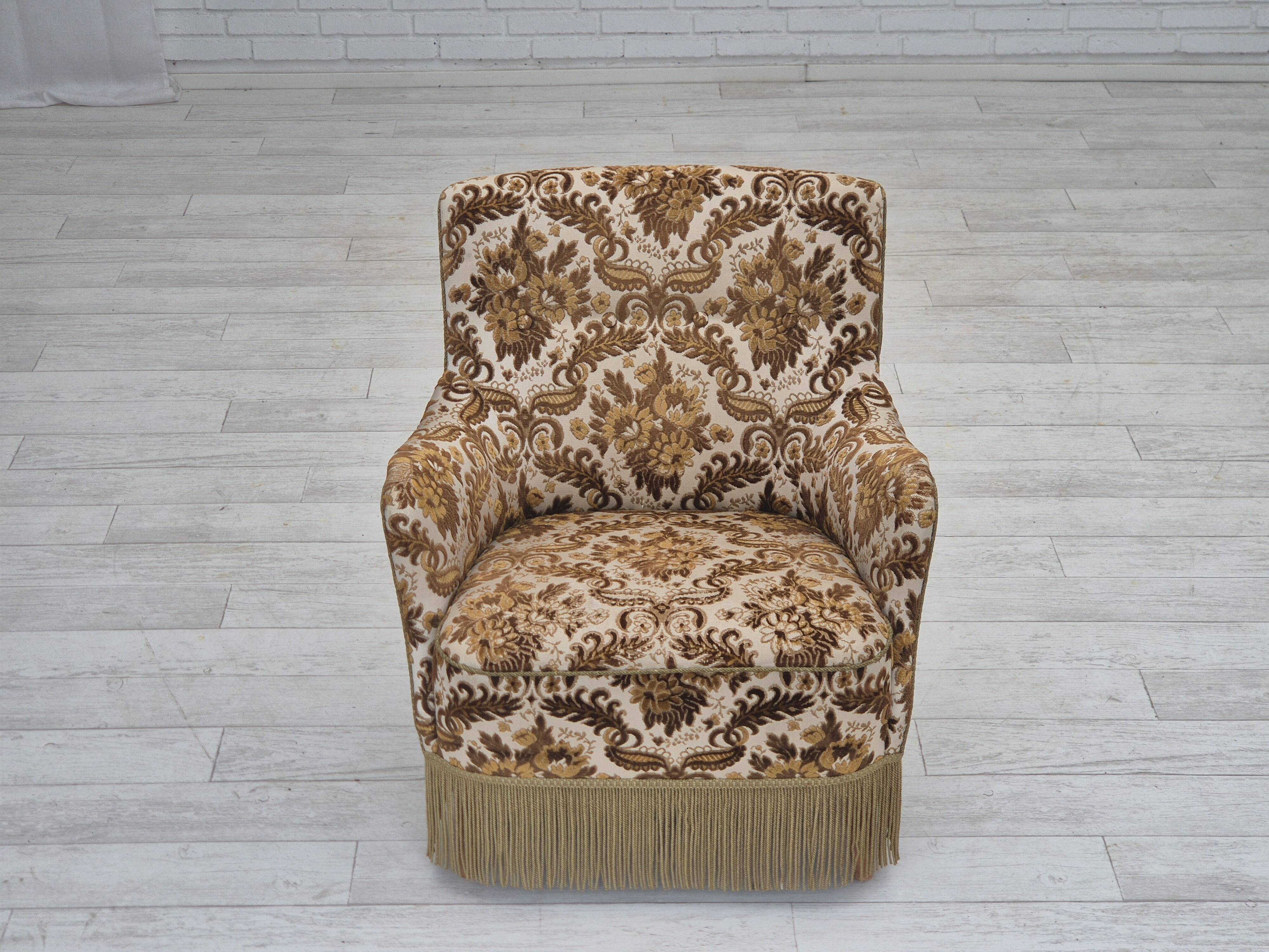 1960s, Danish armchair, furniture velour fabric, ash wood.