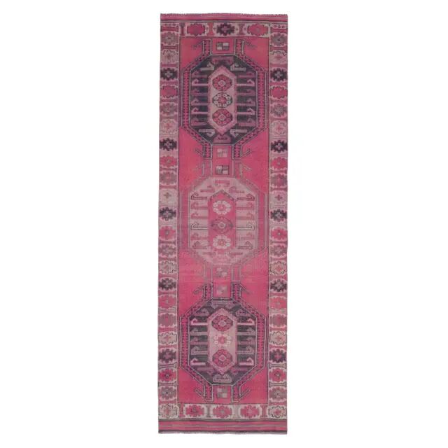Vintage Turkish Hand-Knotted Wool Cotton Pink Runner Rug 104x351