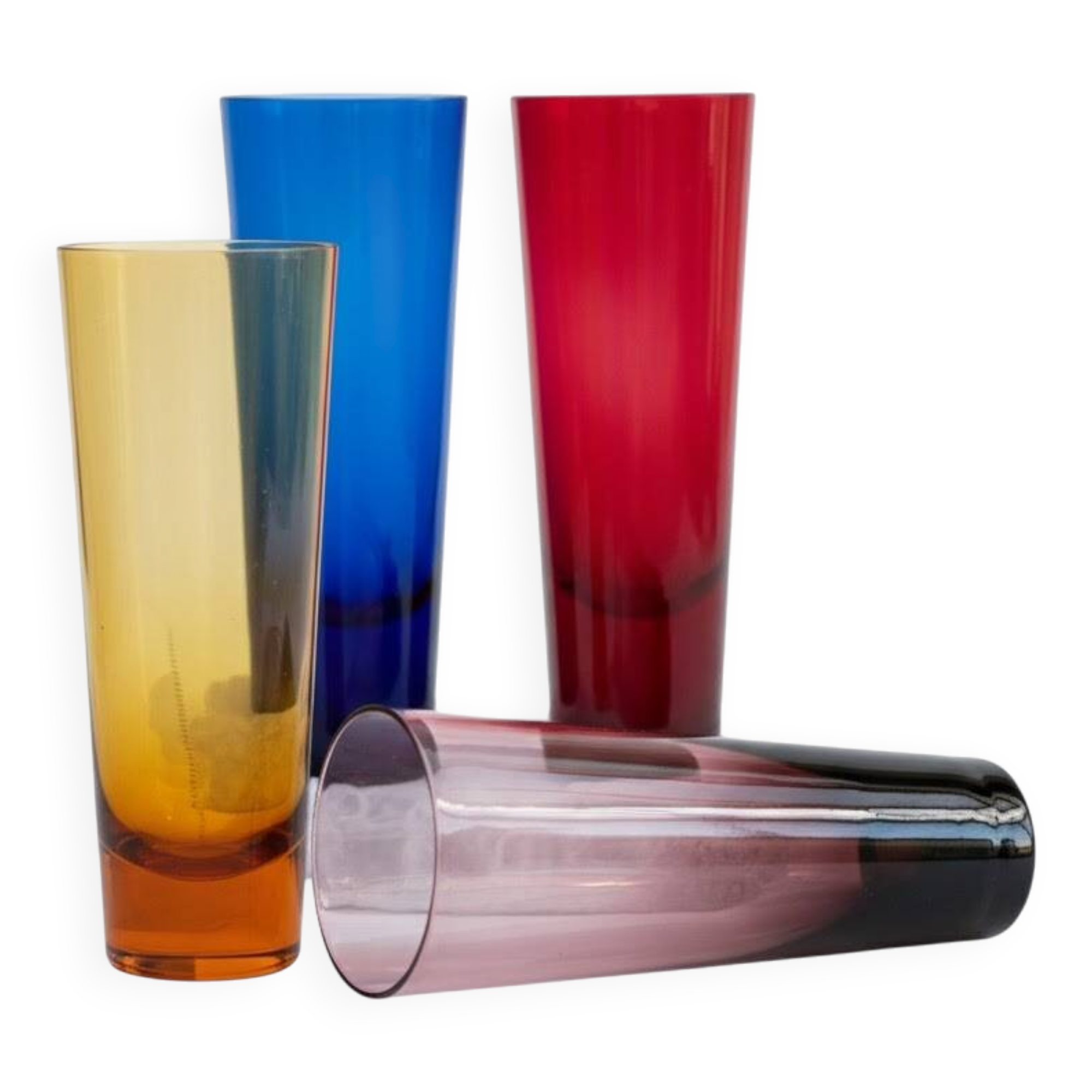Four handmade colored tall glasses