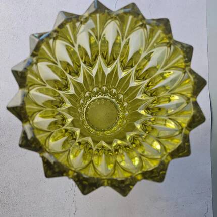 Large Czech vase in pressed glass, tinted yellow with geometric shapes.
