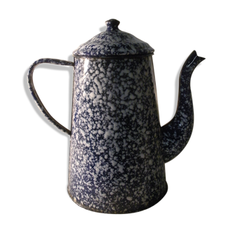 Cafetière verseuse ancienne en tôle émaillée bleu blanc
