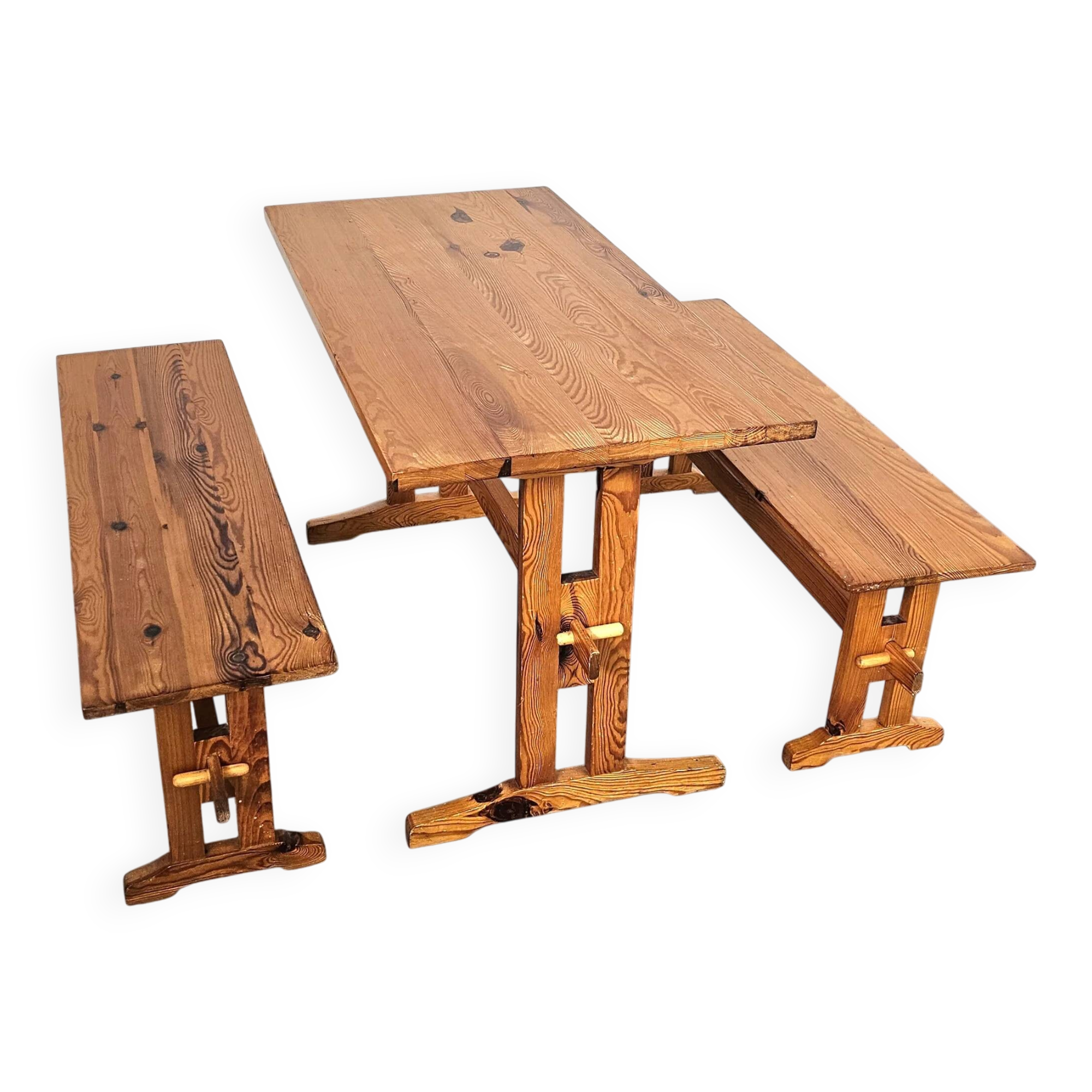 Scandinavian modern solid pinewood benches and dining table, 1970s