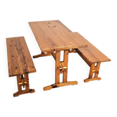 Scandinavian modern solid pinewood benches and dining table, 1970s