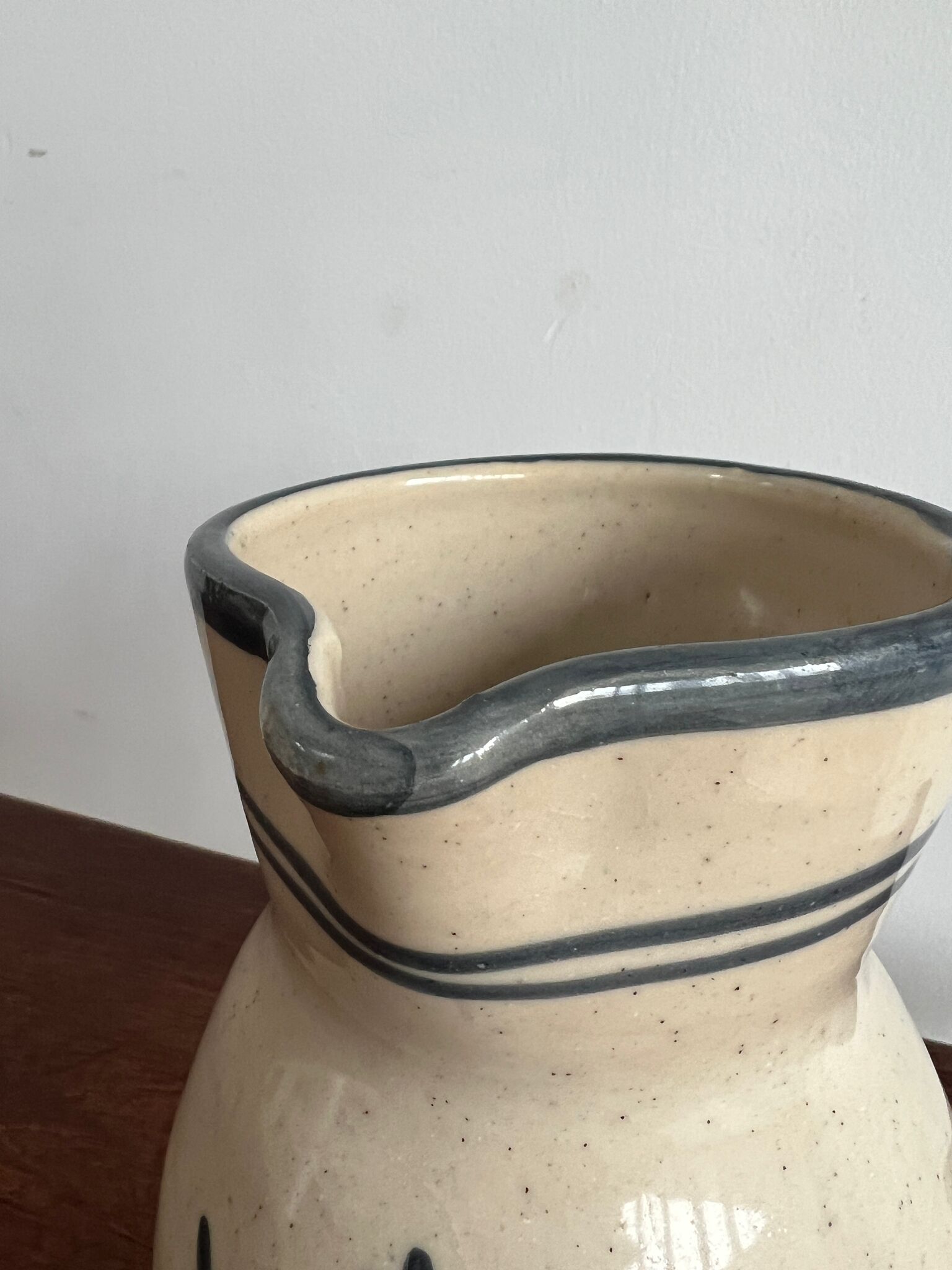 Off-white glossy ceramic decanter, hand-painted gray blue patterns H:20cm