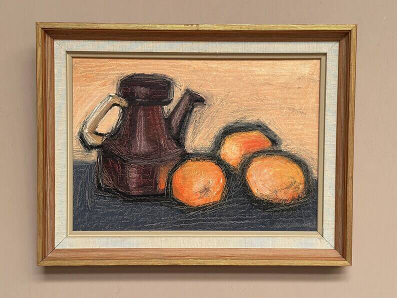 Original Swedish Oil on Panel – "Kattle and Oranges" by Herald – Signed – Dated 1966 – Framed Vintage Piece