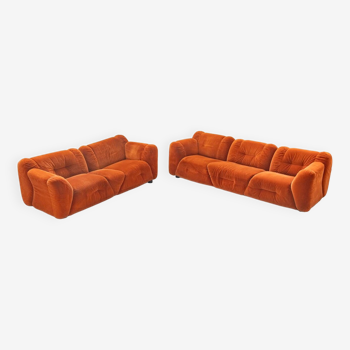Orange chenille sofas, two and three seats, set of 2, 1970s
