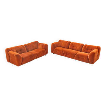Orange chenille sofas, two and three seats, set of 2, 1970s