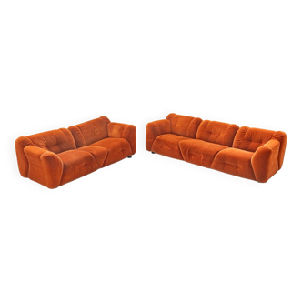 Orange chenille sofas, two and three seats, set of 2, 1970s