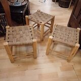 Set of three brutalist wooden stools, rope seat