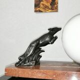 Art deco lamp, marble, globe, opaline and greyhounds in regulation, 1930