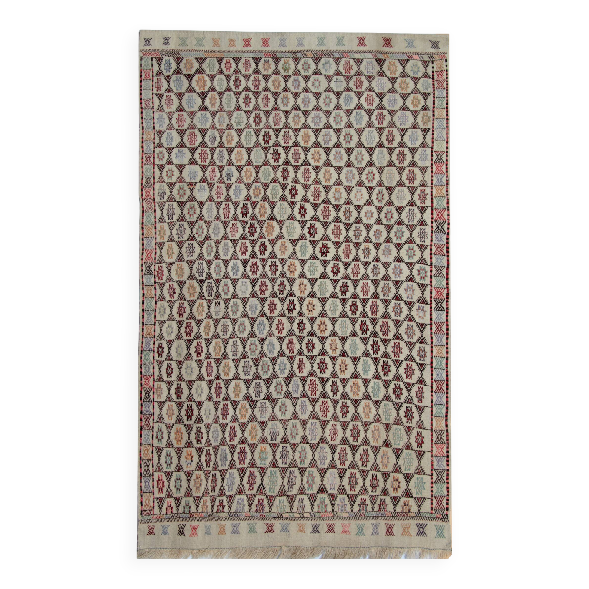 Antique Turkish Kilim Rug: Beige Wool, Zig-Zag Tribal Design 141x235cm