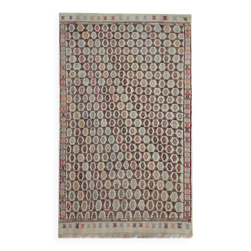 Antique Turkish Kilim Rug: Beige Wool, Zig-Zag Tribal Design 141x235cm